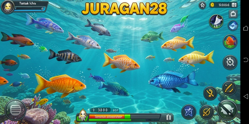 Tangkapan layar gameplay JURAGAN28 menampilkan aksi menembak ikan yang seru.
