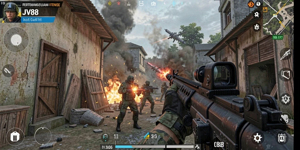 Screenshot JV88 menunjukkan aksi pertempuran intens dalam game FPS.